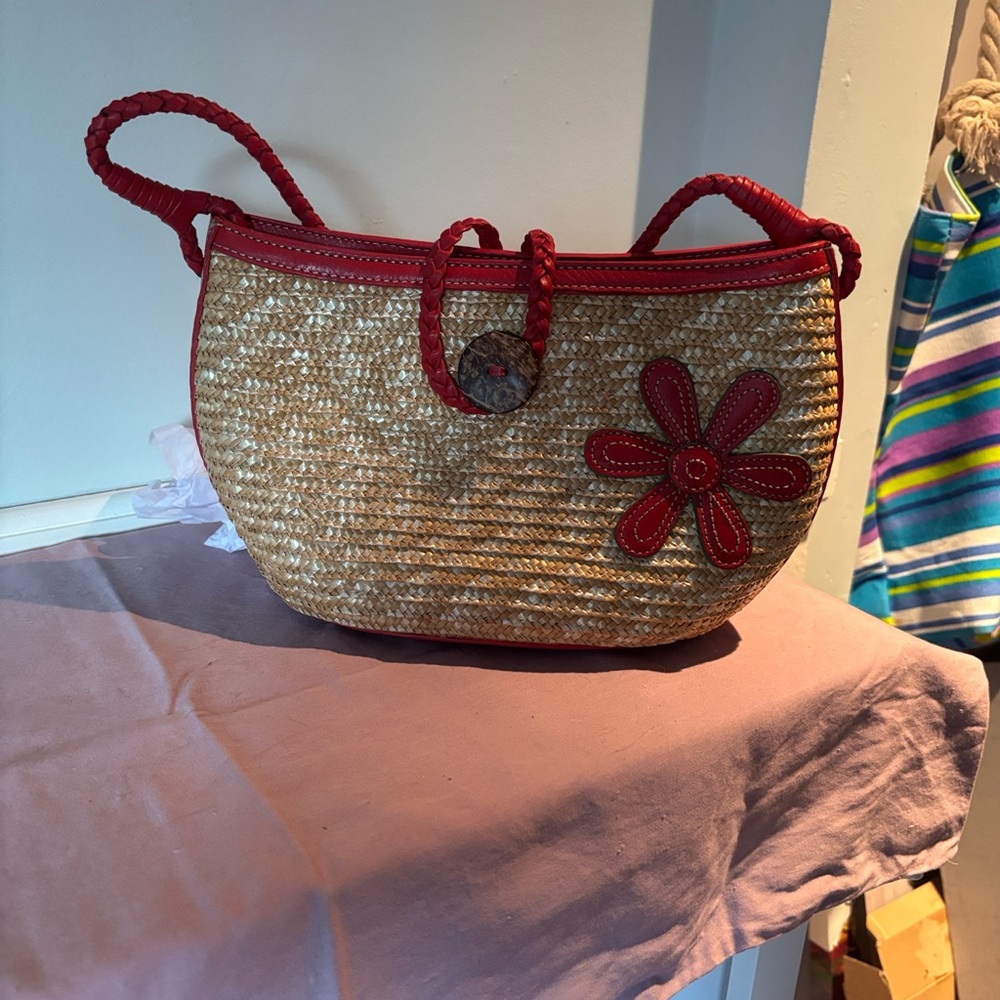 Red and Tan Woven Flower Tote Bag